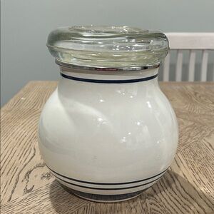 Vintage IKEA White Enamel Storage Jar with Blue Stripes and Glass Lid